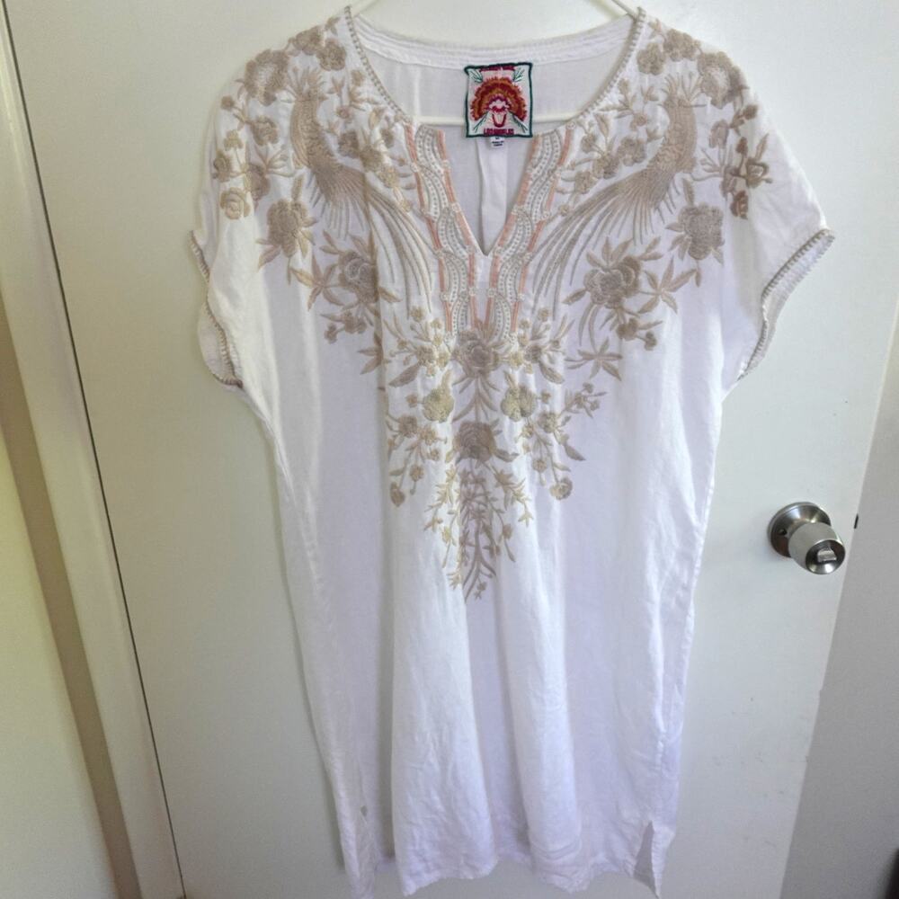 Johnny Was Lisathea Linen Embroidered Tunic Dress White Beige Floral Boho Size M